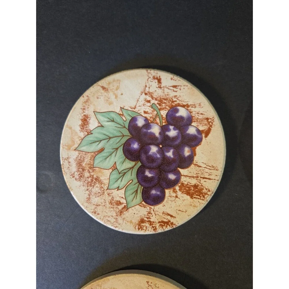 Vintage Circular Ceramic Tile and Cork Coaster Set Fruit Illustrations 4pc